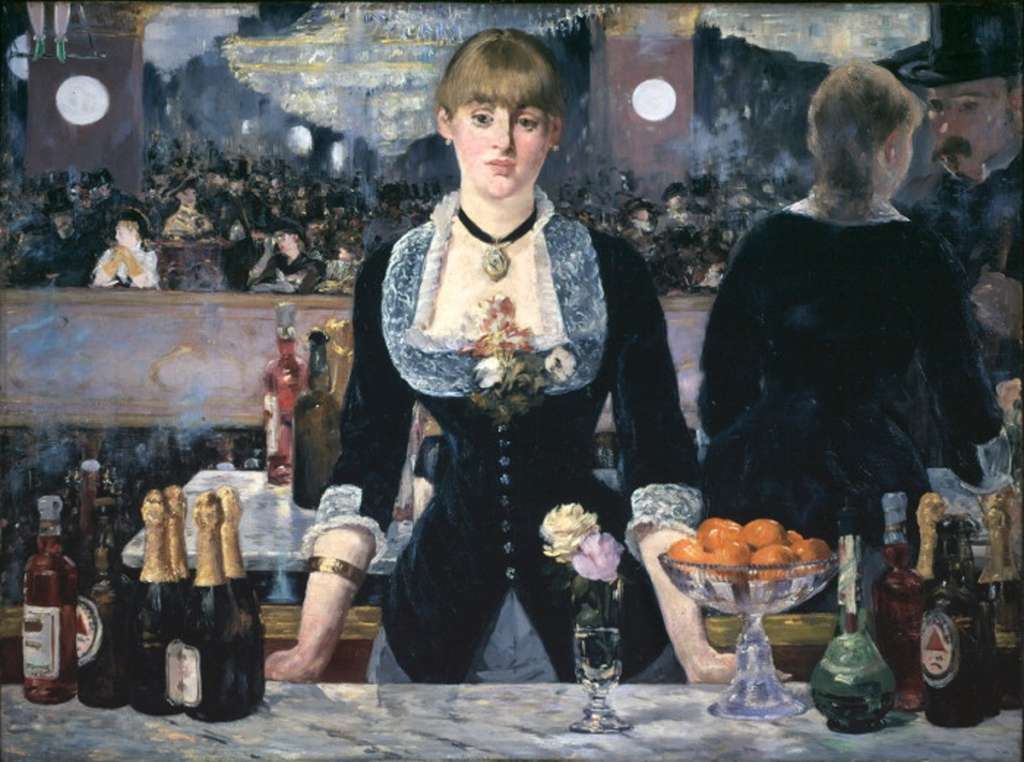 Courtauld 02-1 Edouard Manet - A Bar at the Folies-Bergere 2. Edouard Manet - A Bar at the Folies-Bergere. 1881-2, 96 x 130 cm. This painting was voted #3 in the 2005 BBC Greatest Painting in Britain Poll. It shows the interior of one of the most fashionable cafe-concerts in Paris. Manet distorts the mirror image - the barmaid is separated too far from her reflection; the customer with a bowler hat and cane is shown in the reflection close to the barmaid, and the placing of the bottles in the reflection does not correspond to their position on the bar in the foreground.